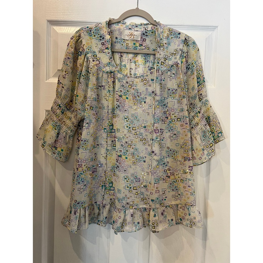 Julie Brown Tunic Blouse Multicolor Geometric Sequin Chiffon Boho Chic Retro